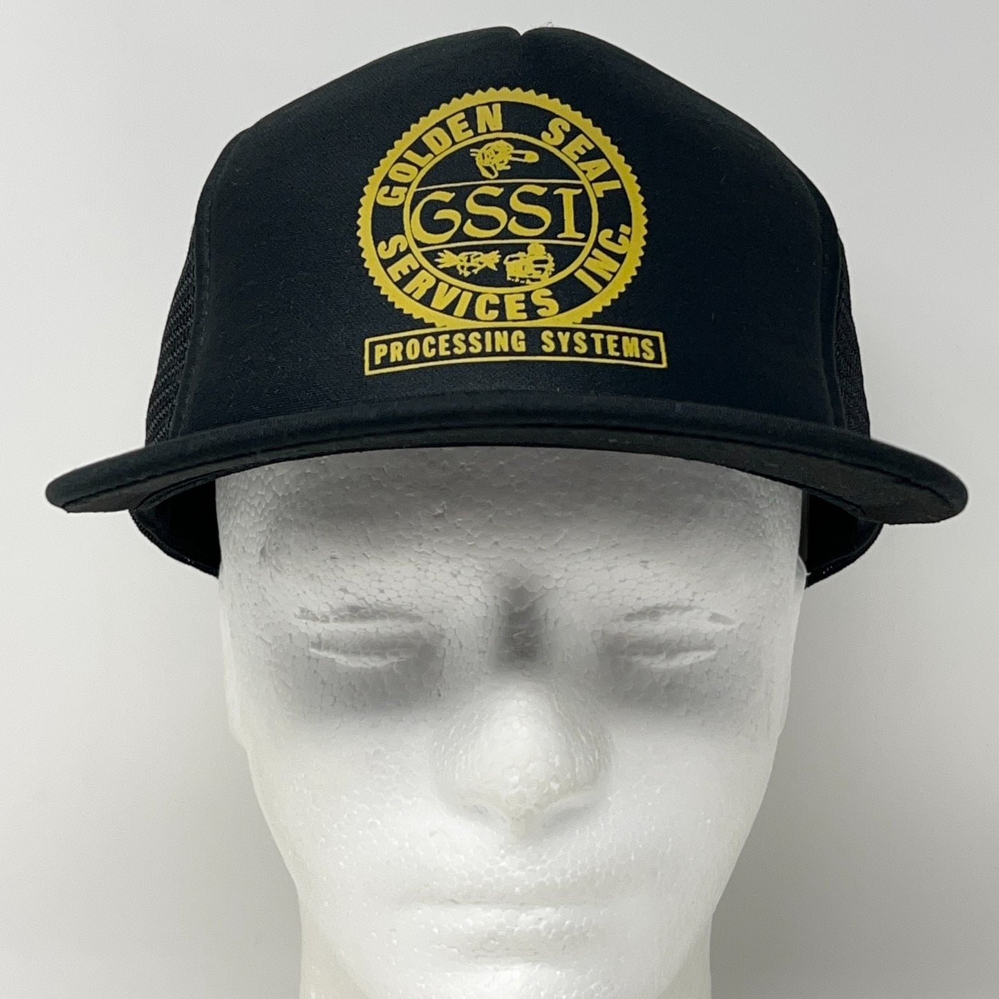 Vintage Golden Seal Services Trucker Hat in Black with Yellow Logo, Front View