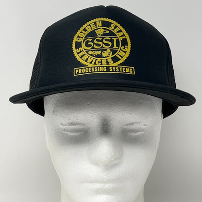 Vintage Golden Seal Services Trucker Hat in Black with Yellow Logo, Front View