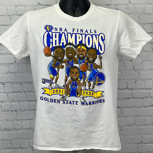 White Golden State Warriors t-shirt featuring cartoon players and NBA Finals Champions 2022 graphic