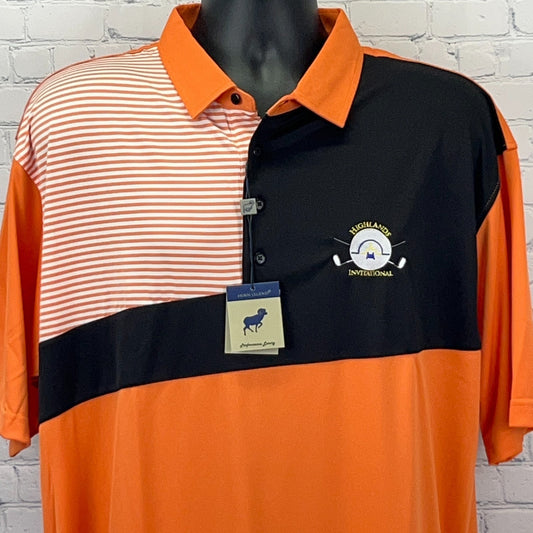 Horn Legend Orange and Black Golf Polo Shirt with Striped Design and Logo Detail on Front