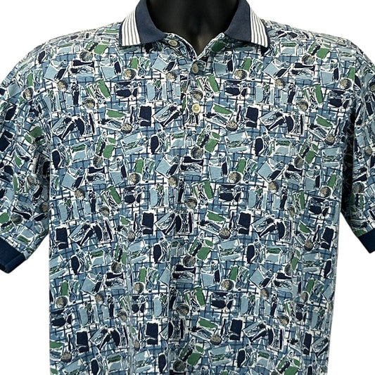 Vintage golf polo shirt in blue with green and navy patterns, featuring a front view and unique golf graphics