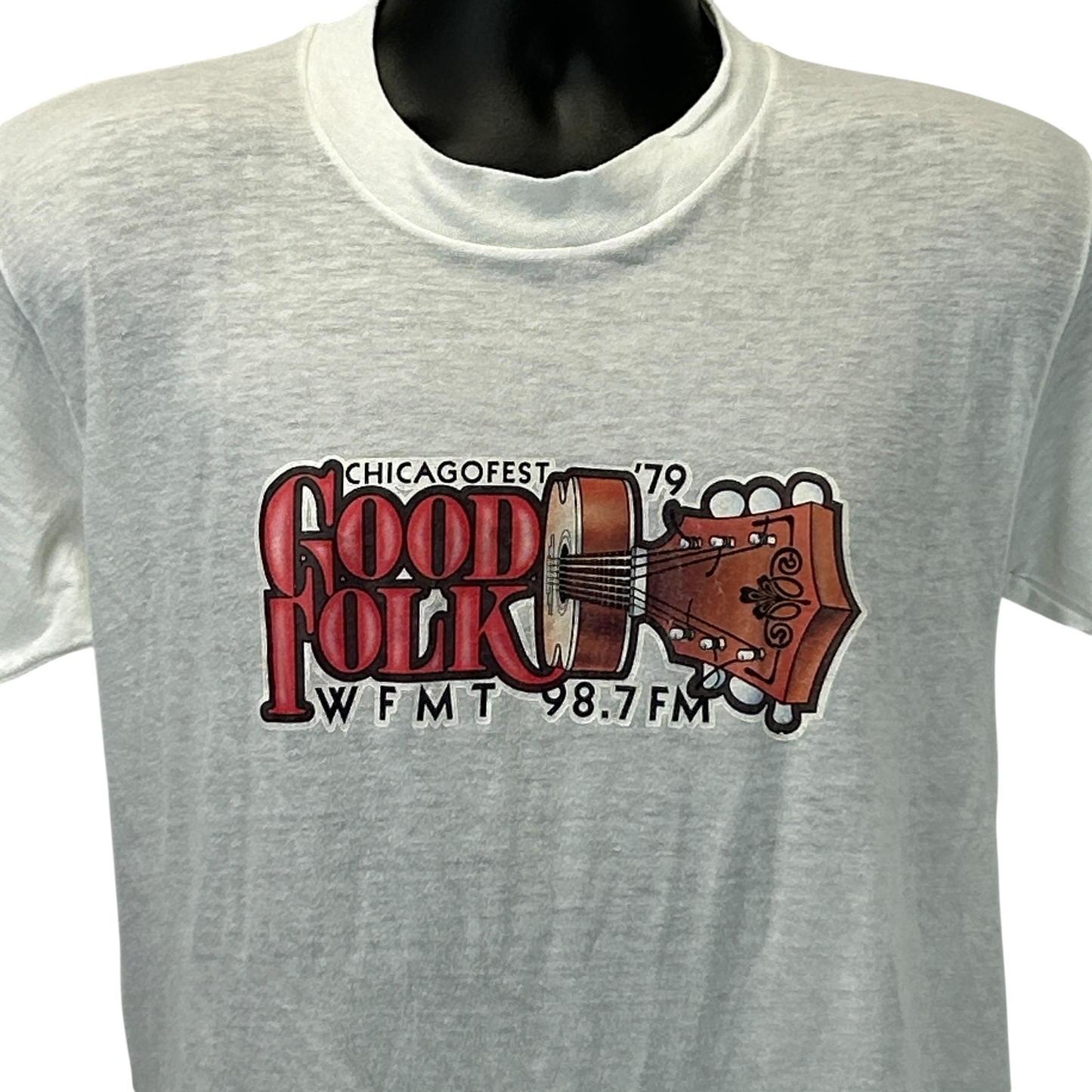 White Vintage T-Shirt featuring 'Chicagofest Good Folk' graphic and guitar design in front view