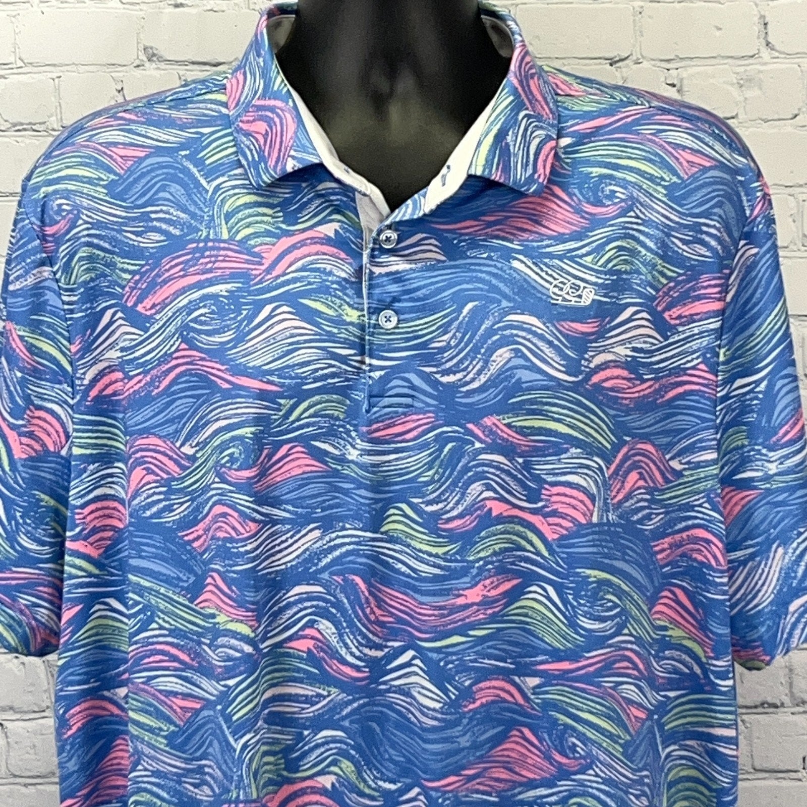 Good Good Blue and Pink Wave Pattern Golf Polo Shirt, Short Sleeve, Front View with Logo