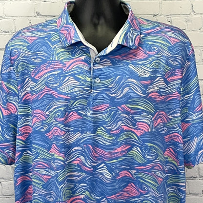 Good Good Blue and Pink Wave Pattern Golf Polo Shirt, Short Sleeve, Front View with Logo