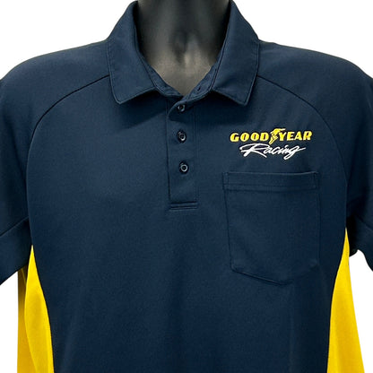 Goodyear Racing Polo Shirt in navy and yellow with logo, front view, size medium