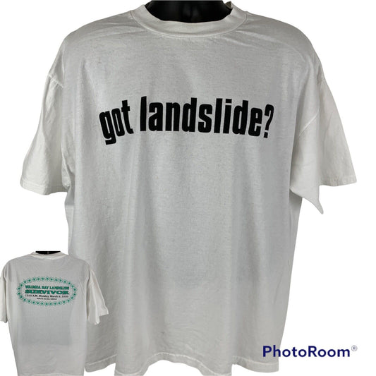 White JERZEES T-Shirt with 'got landslide?' printed on the front and 'Waimea Bay' design on the back