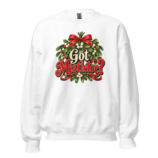 NeonVTG white Christmas Mistletoe Sweatshirt with a festive design and large text asking Got Mistletoe?