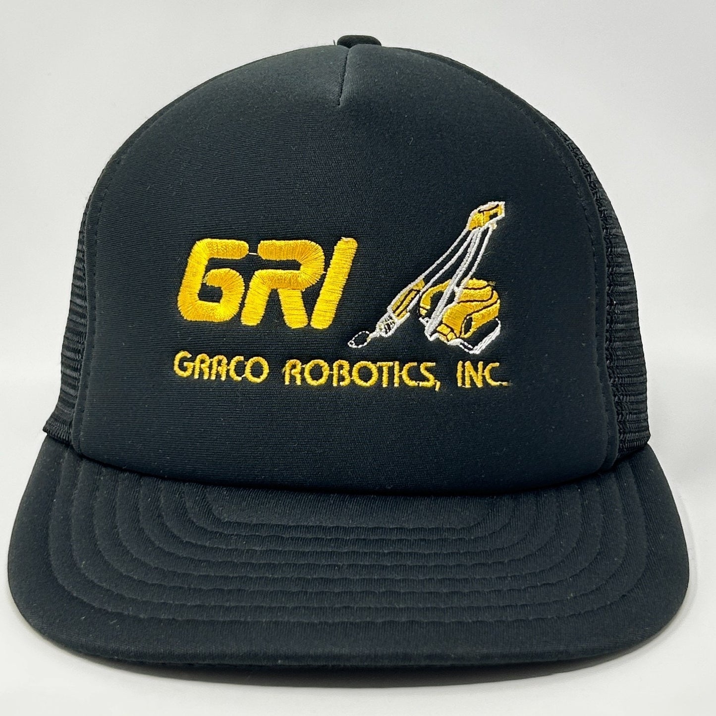 Black Vintage Trucker Hat with Yellow Graco Robotics Inc Logo and Front Mesh Panel