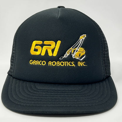 Black Vintage Trucker Hat with Yellow Graco Robotics Inc Logo and Front Mesh Panel