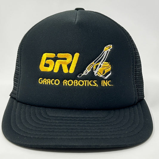 Black Vintage Trucker Hat with Yellow Graco Robotics Inc Logo and Front Mesh Panel