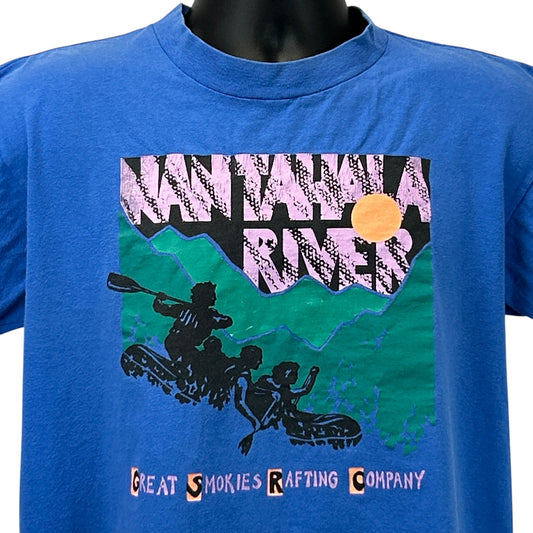 Vintage blue T-shirt featuring Nantahala River graphic with rafting design and Great Smokies Rafting Company text