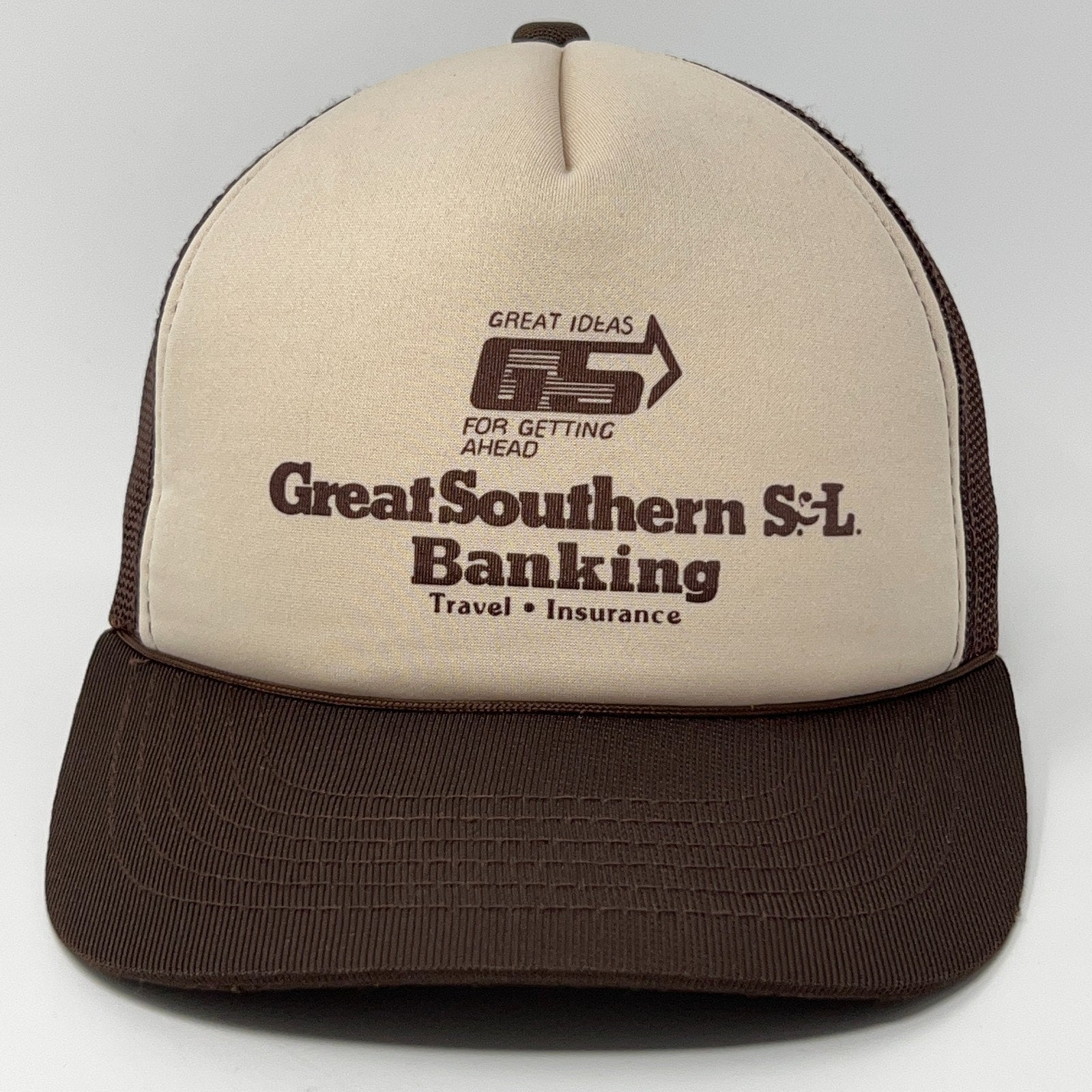 Vintage Great Southern S.L. Banking Trucker Cap Hat in Beige and Brown, Front View