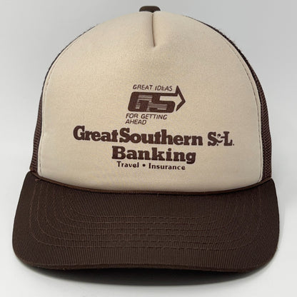 Vintage Great Southern S.L. Banking Trucker Cap Hat in Beige and Brown, Front View