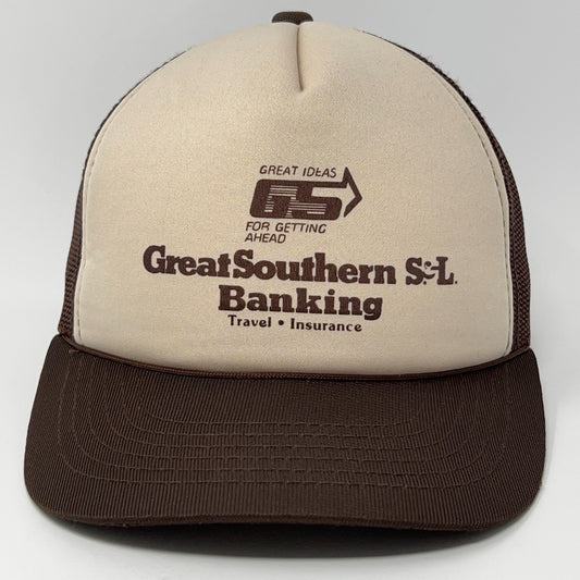 Vintage Great Southern S.L. Banking Trucker Cap Hat in Beige and Brown, Front View