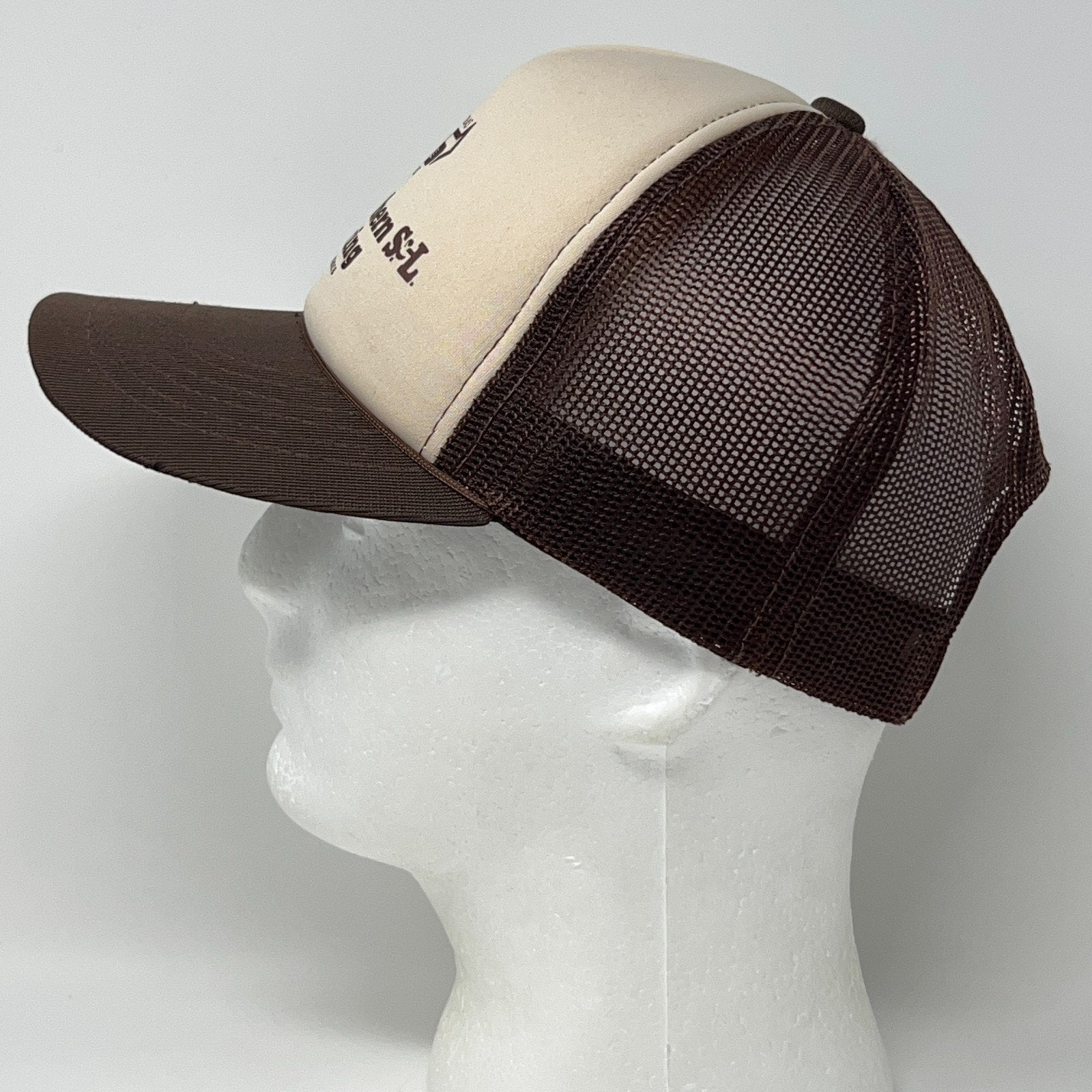 Vintage Trucker Cap Hat in Brown and Cream, Side View, Adjustable Size