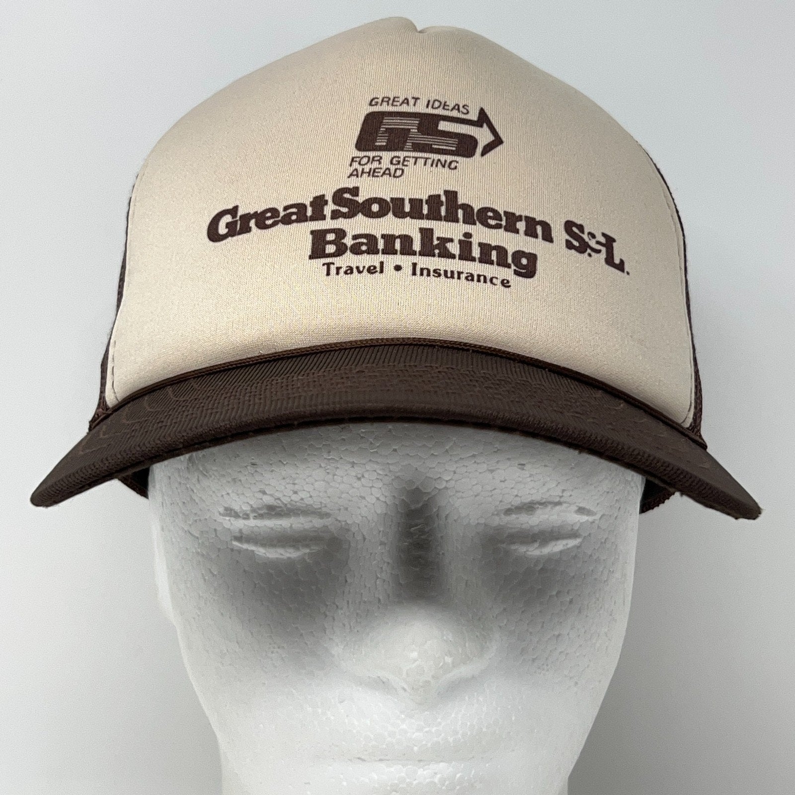 Vintage Great Southern S L Banking Trucker Cap Hat in Beige and Brown Front View