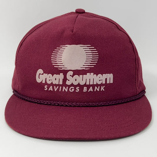 Vintage maroon baseball hat with Great Southern Savings Bank logo on the front and braided brim detail