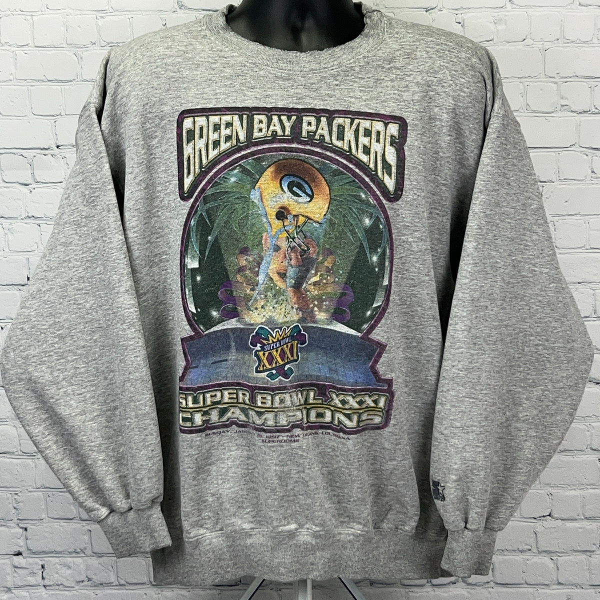 Starter Gray Green Bay Packers Super Bowl XXXI Champions Sweatshirt in X-Large with Vintage Graphic