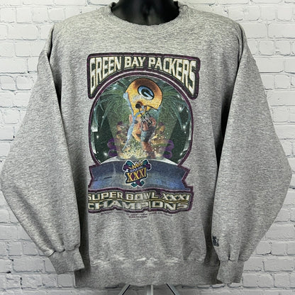 Starter Gray Green Bay Packers Super Bowl XXXI Champions Sweatshirt in X-Large with Vintage Graphic