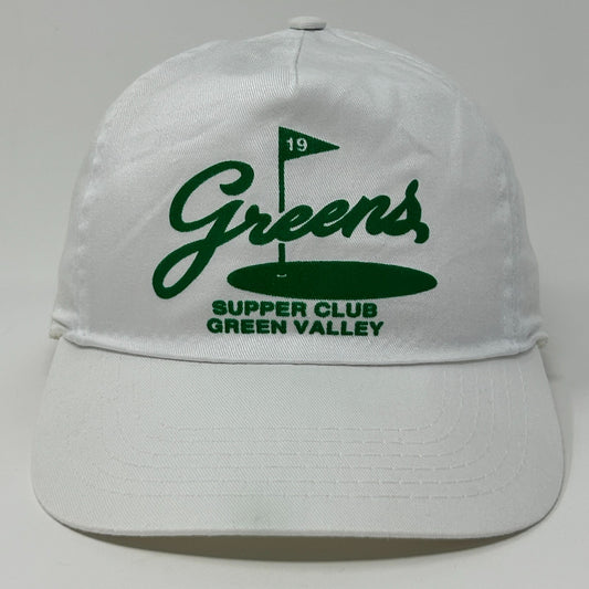 White vintage hat with Green Valley logo and green flag detail on the front