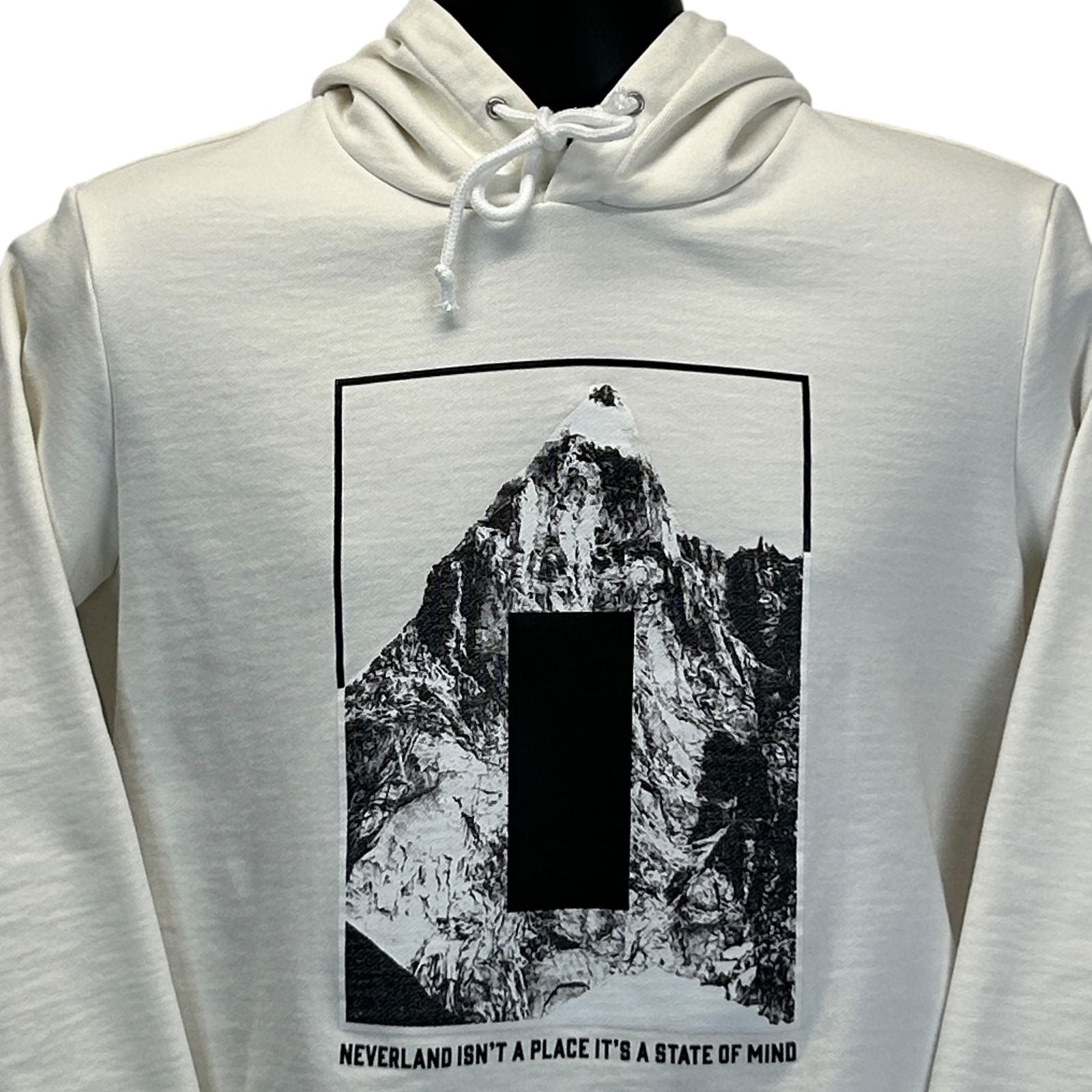 White hoodie by Easy Heart Everyday featuring mountain graphic and text, front view, size medium