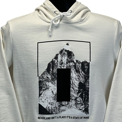 White hoodie by Easy Heart Everyday featuring mountain graphic and text, front view, size medium