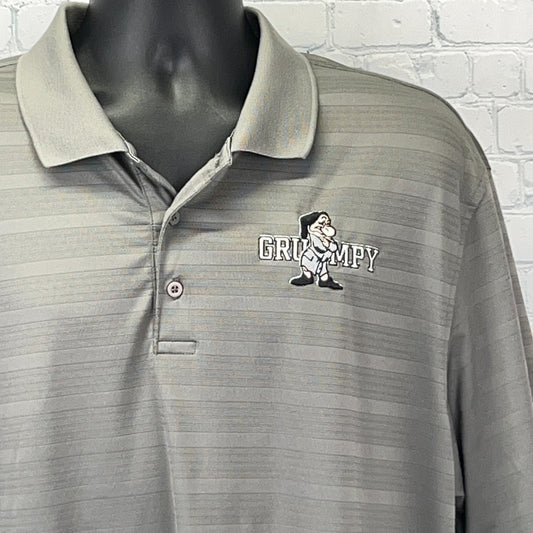 Champion gray polo shirt with striped pattern and Grumpy logo, front view, size medium