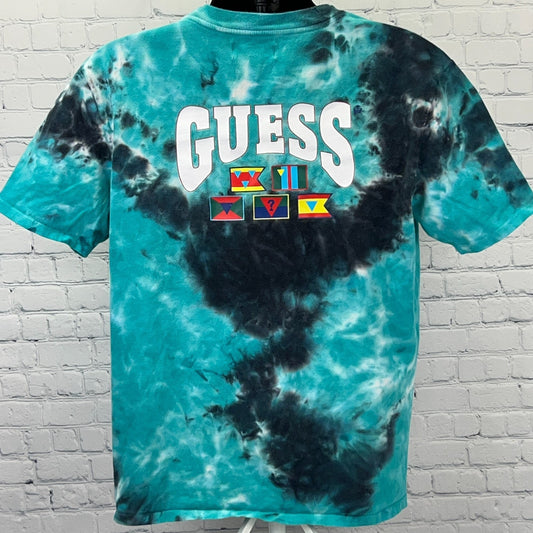 GUESS tie-dye t-shirt in teal with colorful logo and a vintage vibe