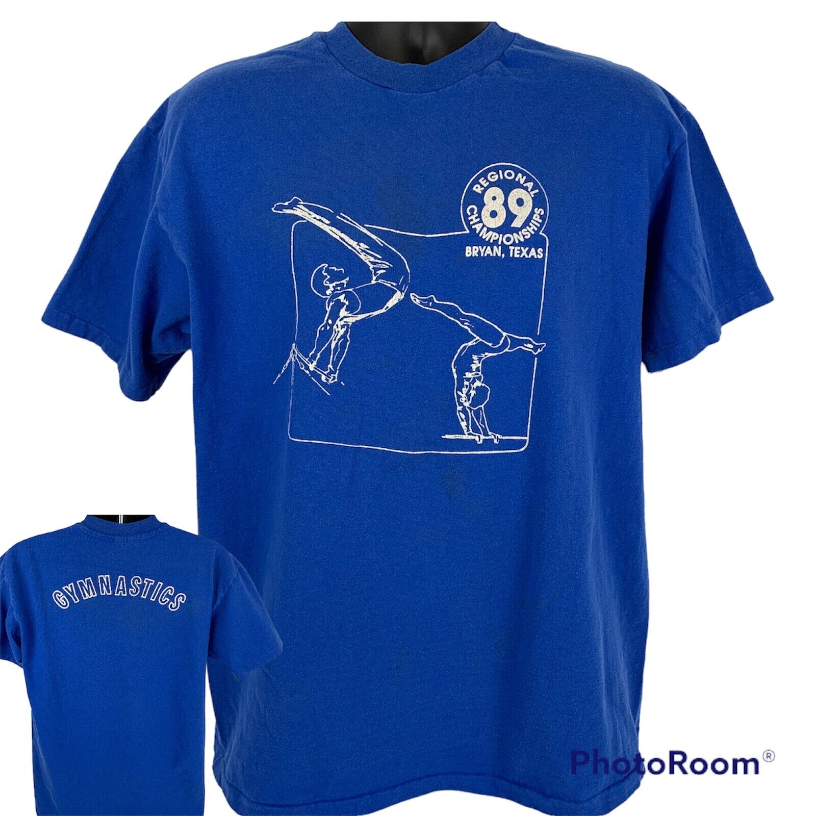 Hanes blue gymnastics T-shirt size medium featuring front design with gymnast and back logo