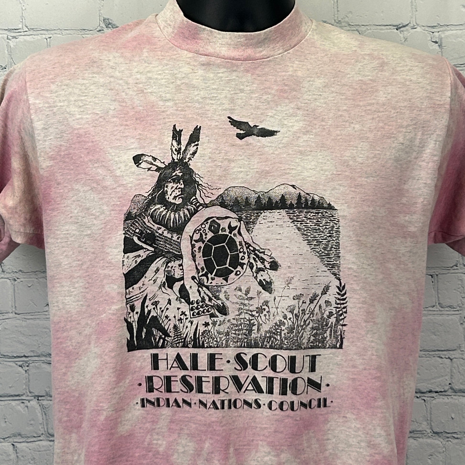 Front view of pink tie-dye Fruit of the Loom T-Shirt featuring Indian Nations Council and Scouts design