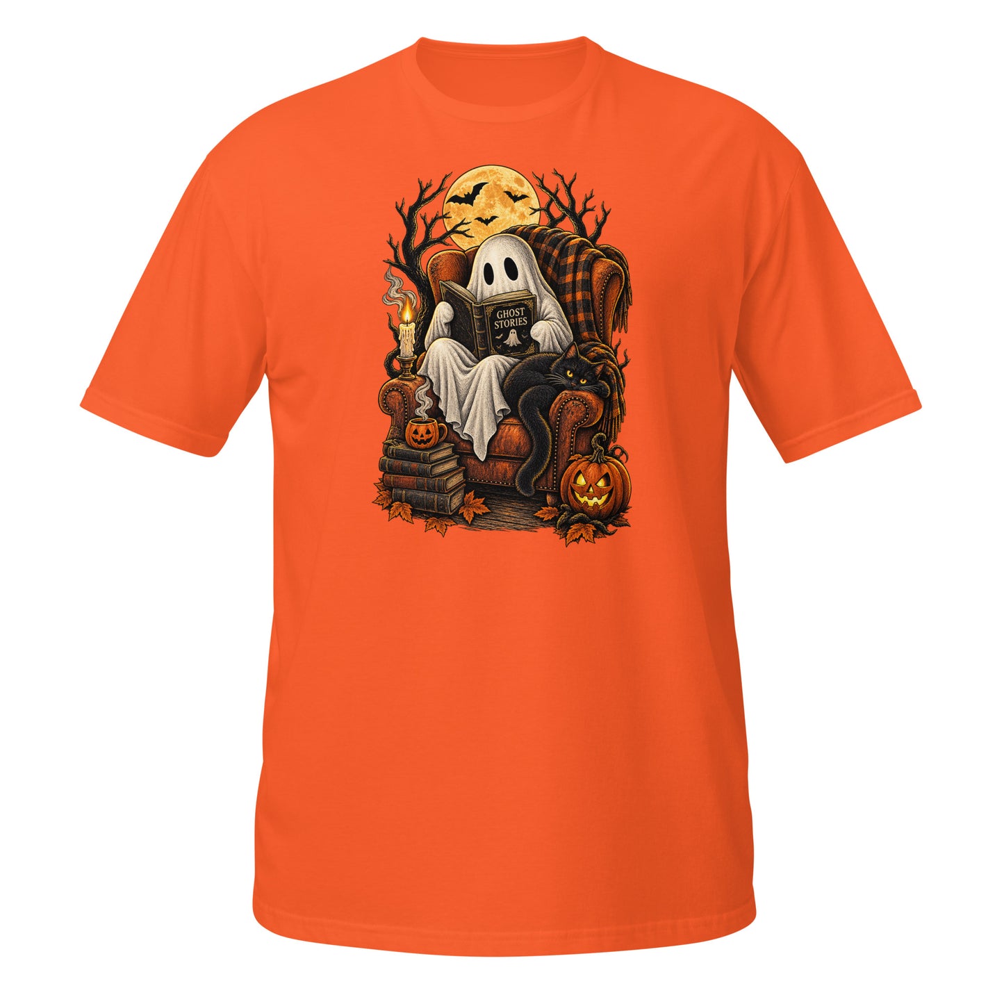 Orange Halloween T-shirt featuring a ghost character sitting on a chair with pumpkins and a spooky background