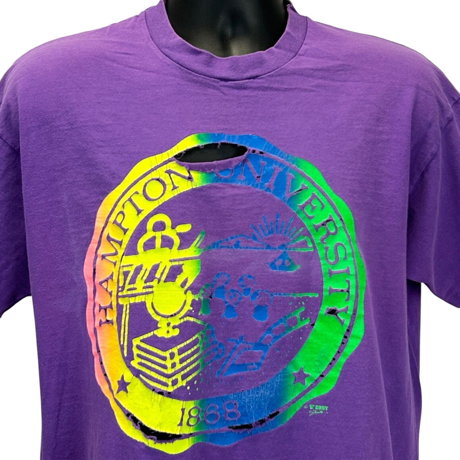 Purple Fruit of the Loom T-Shirt with Hampton University logo and distressed detail on the front