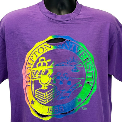 Purple Fruit of the Loom T-Shirt with Hampton University logo and distressed detail on the front