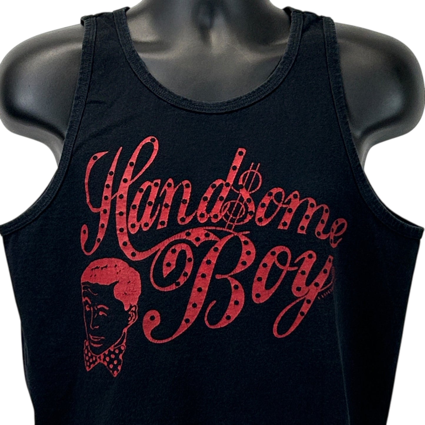 Front view of HANDSOMEBOY Clothing Co. Black Tank Top with Red Printed Logo and Unique Design