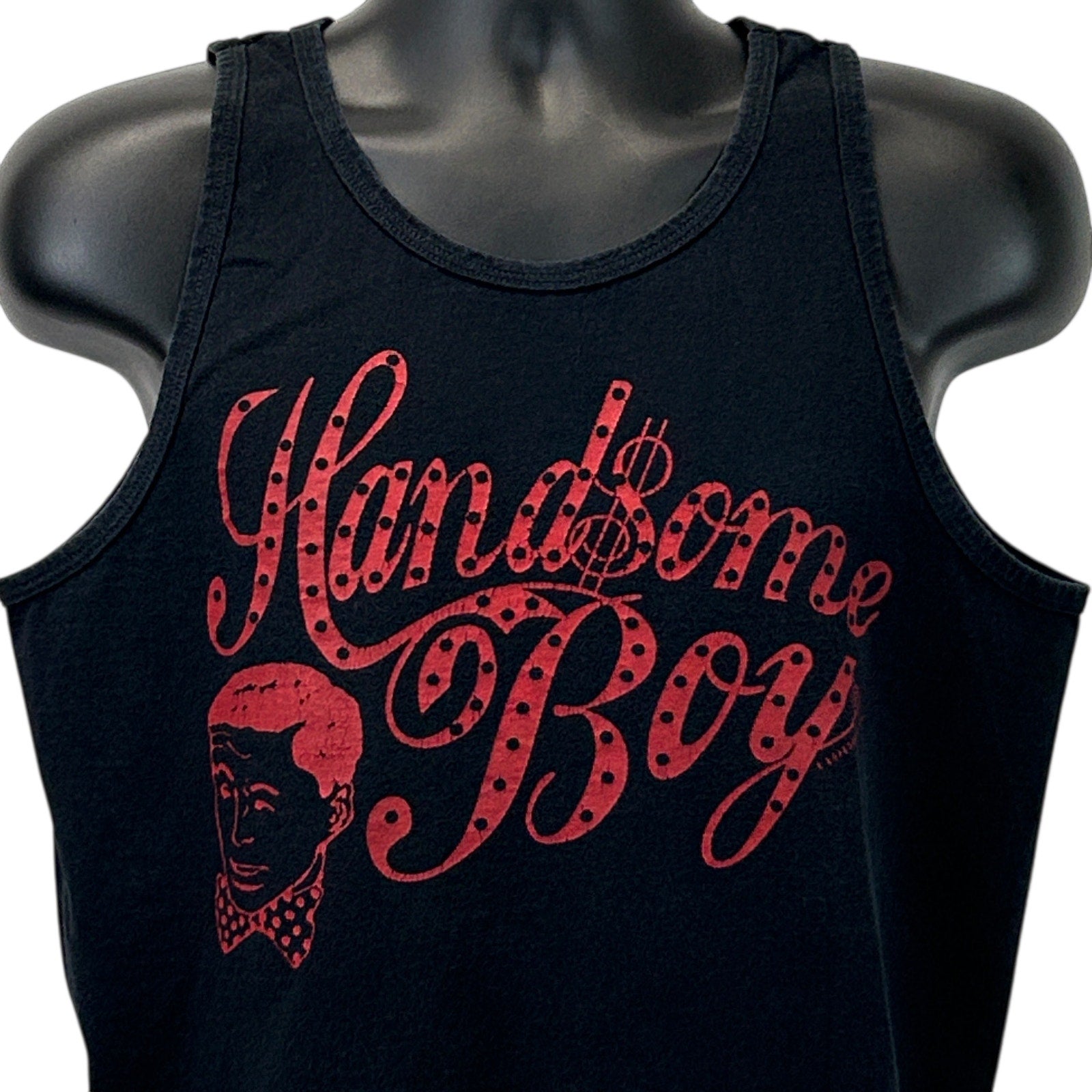 Front view of HANDSOMEBOY Clothing Co. Black Tank Top with Red Printed Logo and Unique Design