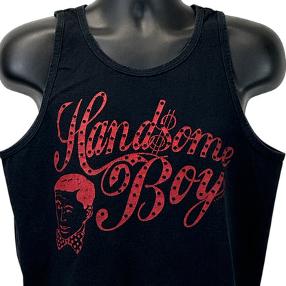 Front view of HANDSOMEBOY Clothing Co. Black Tank Top with Red Printed Logo and Unique Design