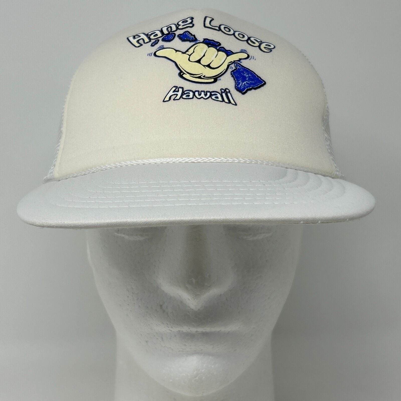 Vintage Hang Loose Hawaii Trucker Hat in Cream with Front Shaka Logo Embroidery