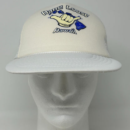 Vintage Hang Loose Hawaii Trucker Hat in Cream with Front Shaka Logo Embroidery