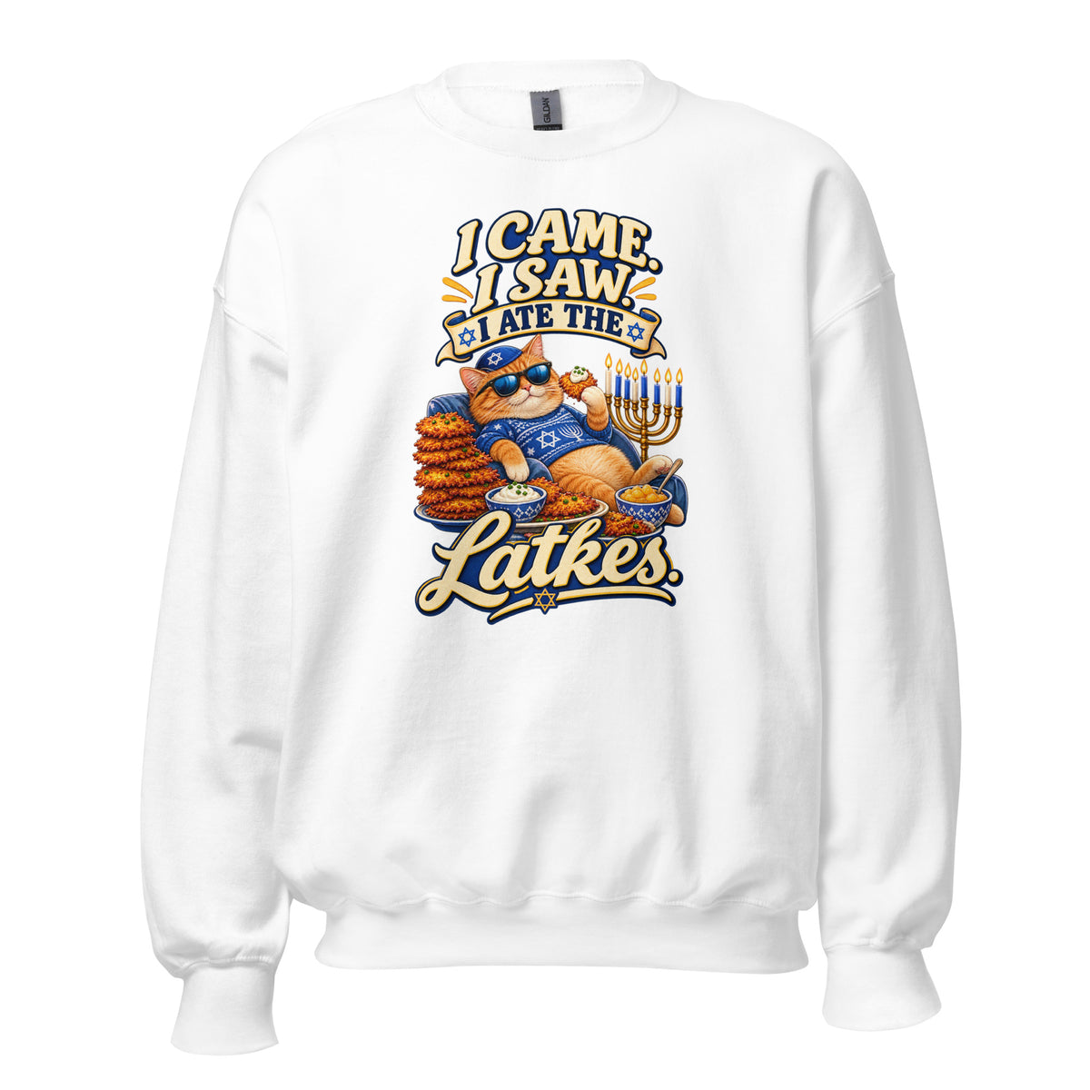 Neonvtg white T-shirt featuring Hanukkah Cat design with latkes and menorah for festive occasions