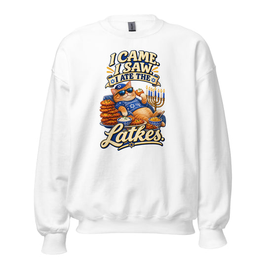 Neonvtg white T-shirt featuring Hanukkah Cat design with latkes and menorah for festive occasions