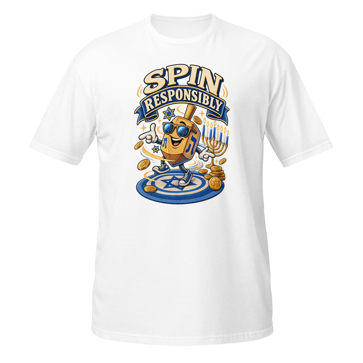 Neonvtg Vintage Hanukkah Dreidel T-Shirt in White with Fun Spin Responsibly Design