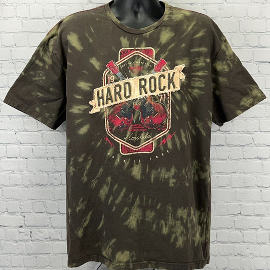 Green tie-dye Hard Rock Cafe Honolulu t-shirt featuring logo graphic on the front