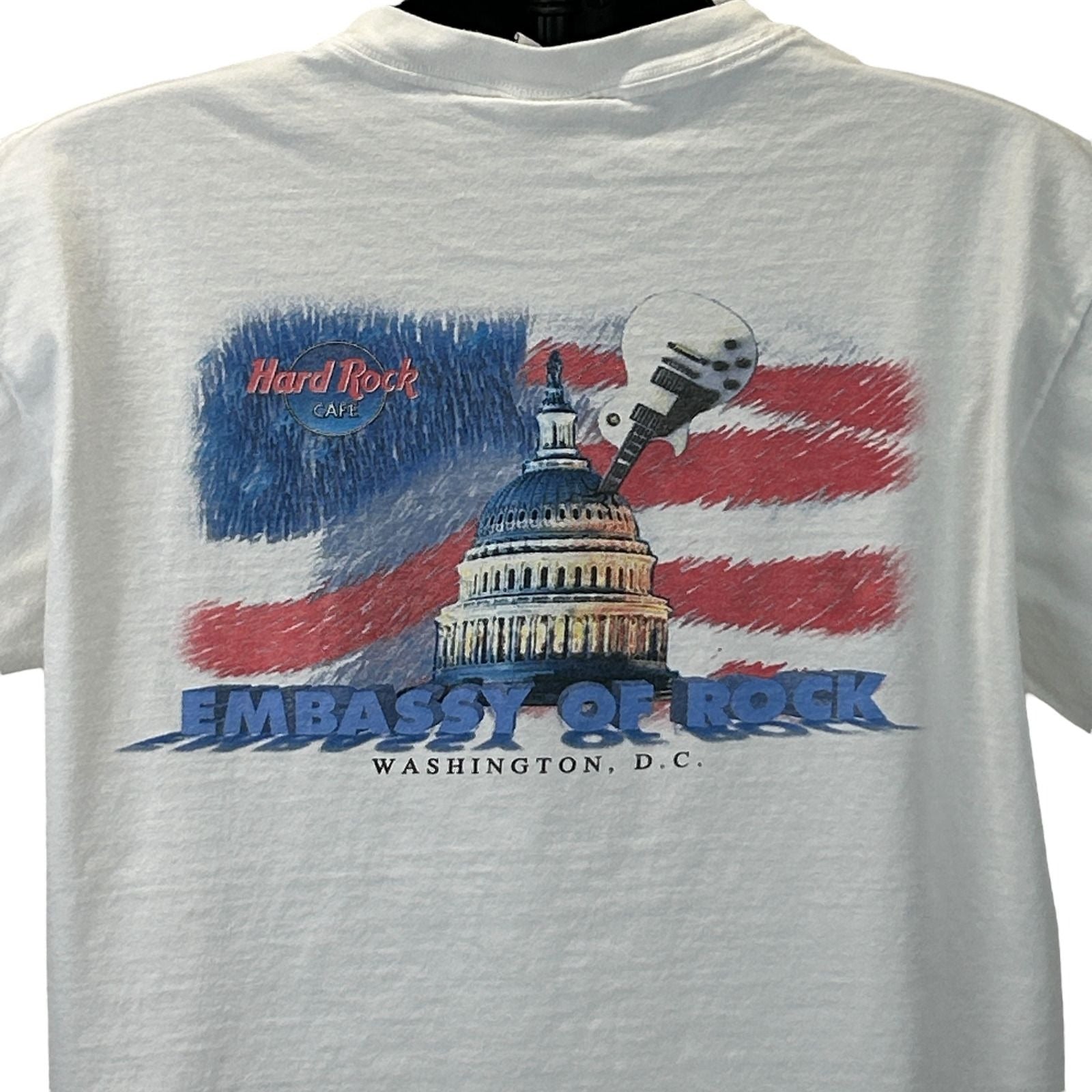 White Hard Rock Cafe Washington DC T-Shirt featuring Capitol Building with guitar and Embassy of Rock design on back
