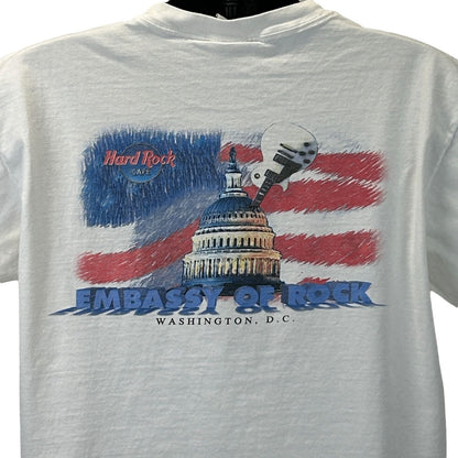 White Hard Rock Cafe Washington DC T-Shirt featuring Capitol Building with guitar and Embassy of Rock design on back