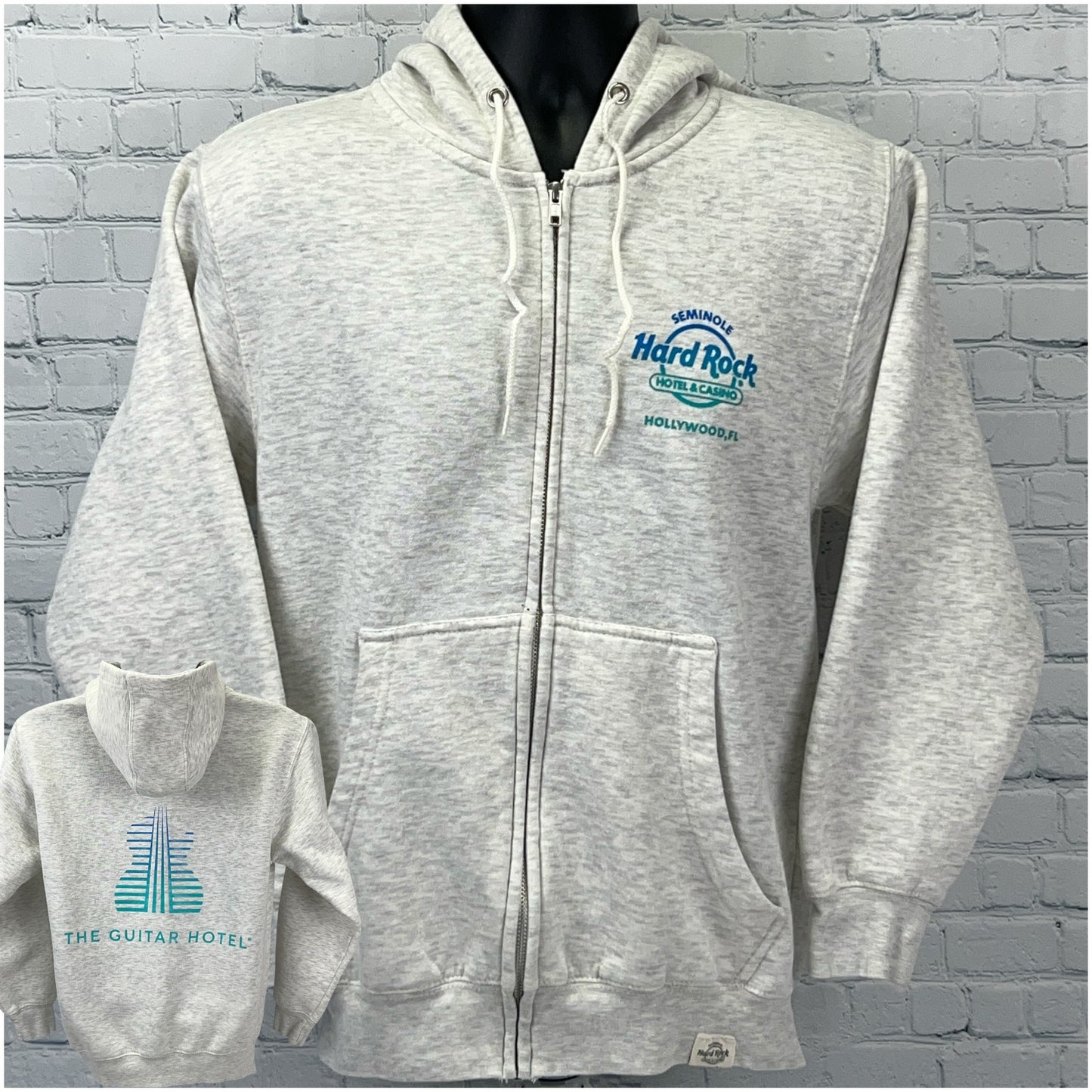 Gray zip-up hoodie from Hard Rock featuring Guitar Hotel logo on the front and back.