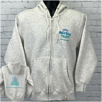 Gray zip-up hoodie from Hard Rock featuring Guitar Hotel logo on the front and back.