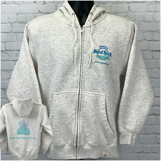 Gray zip-up hoodie from Hard Rock featuring Guitar Hotel logo on the front and back.