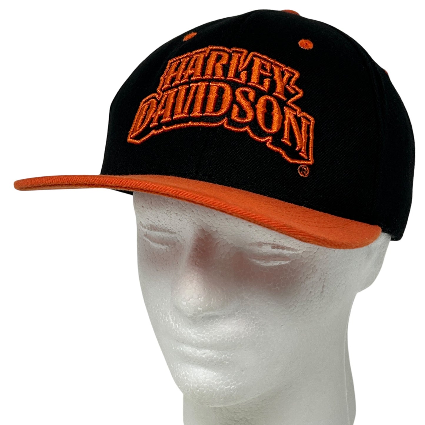 Harley Davidson Black and Orange Snapback Hat with Front Logo and Adjustable Strap