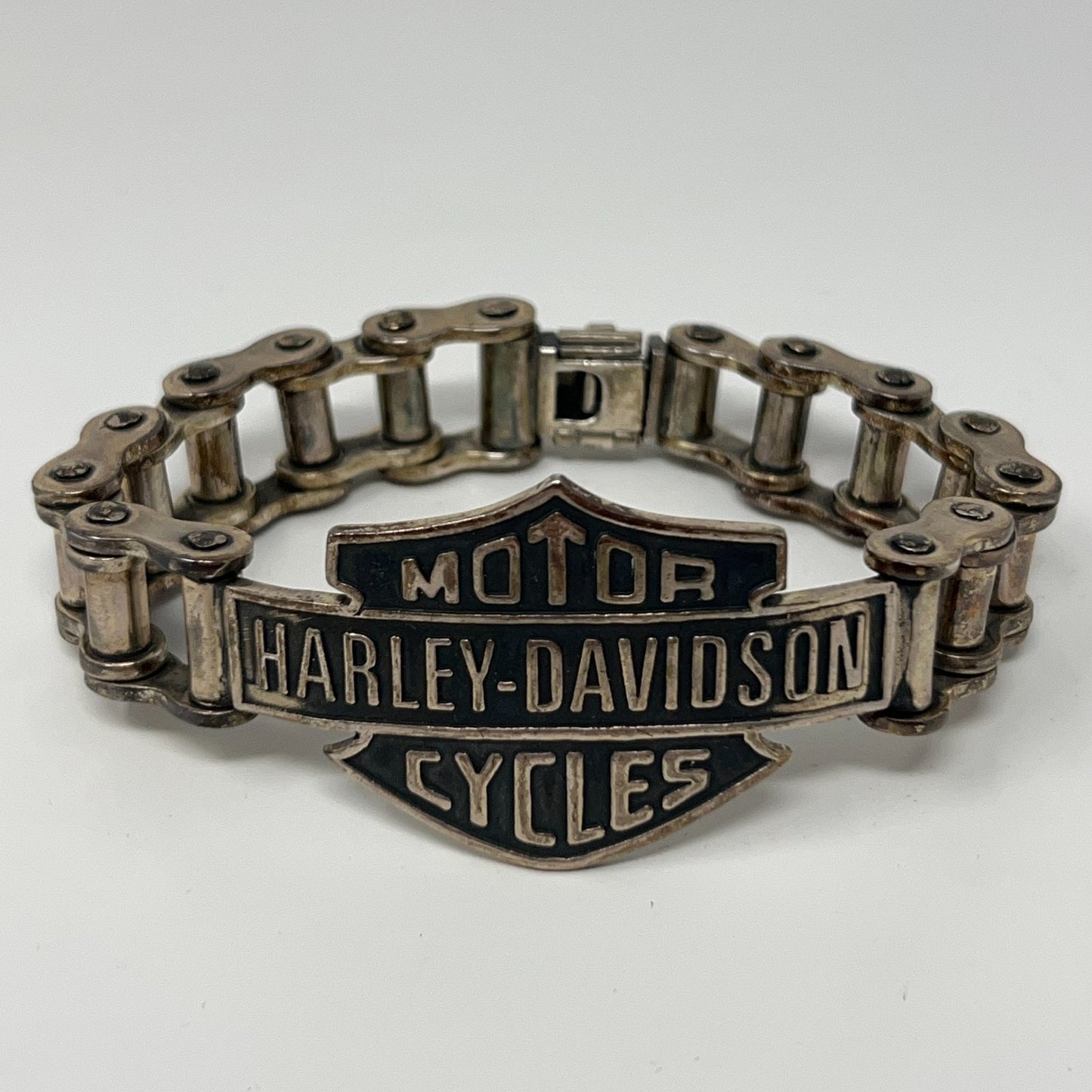 Harley Davidson motorcycle chain bracelet in silver with bold logo detail and adjustable size