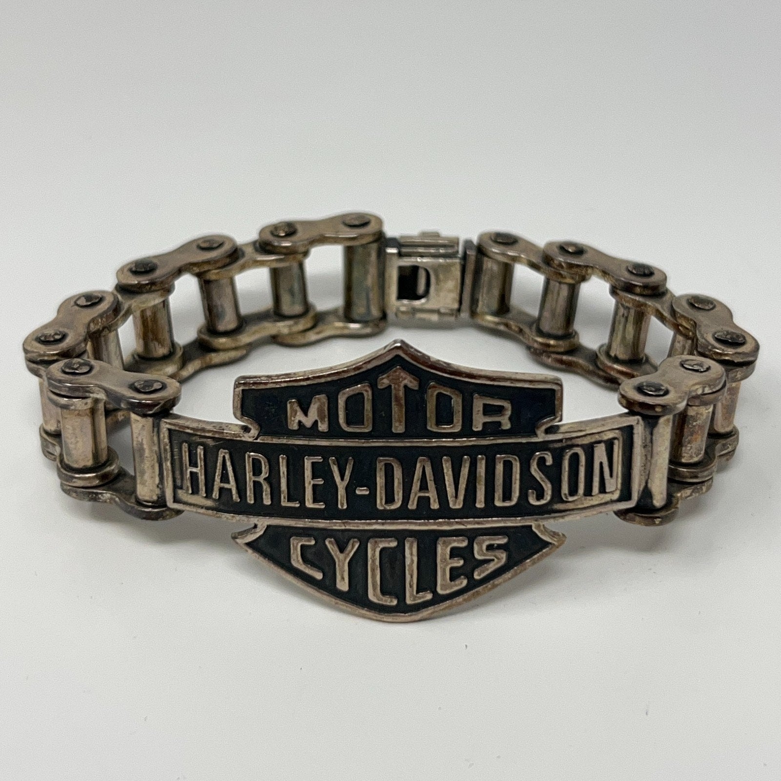 Harley Davidson motorcycle chain bracelet in silver with bold logo detail and adjustable size